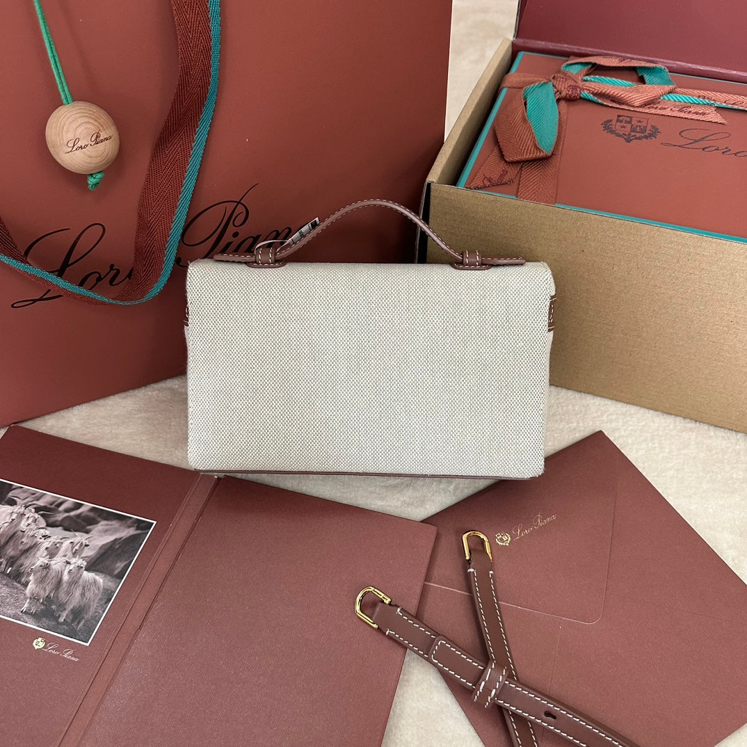 Loro Piana Extra Pocket L19 in White Canvas and Chestnut Brown Calfskin with Gold Hardware Bag