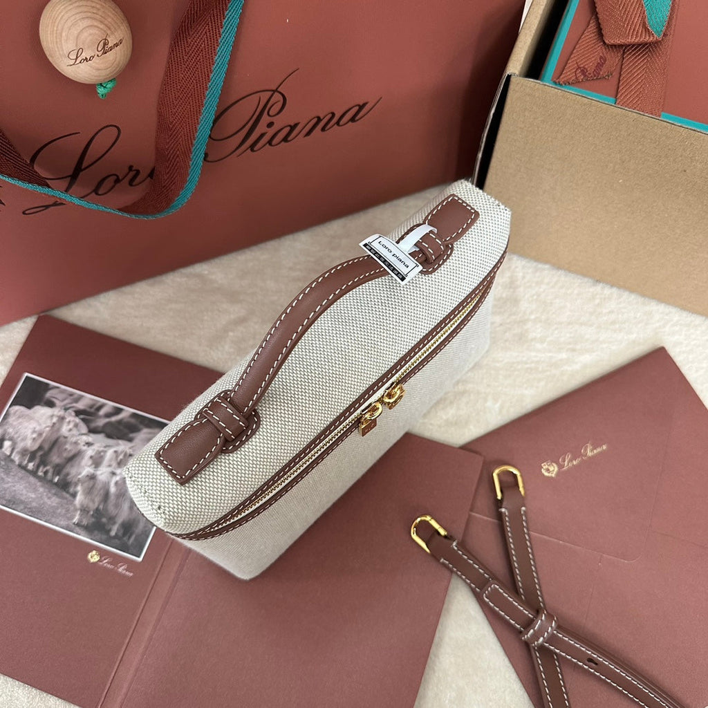 Loro Piana Extra Pocket L19 in White Canvas and Chestnut Brown Calfskin with Gold Hardware Bag