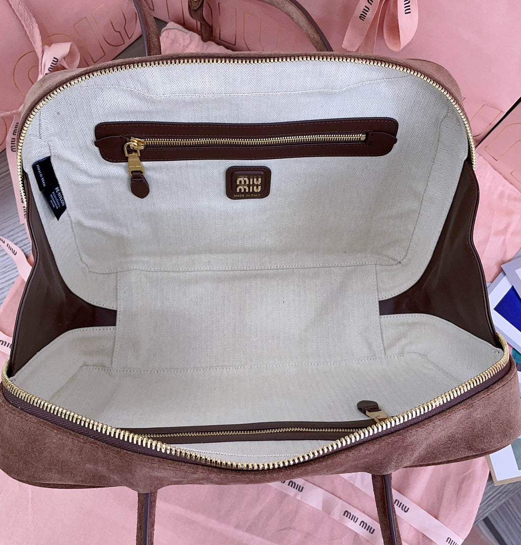 Beau Top Handle Bag 34 in Brown Suede