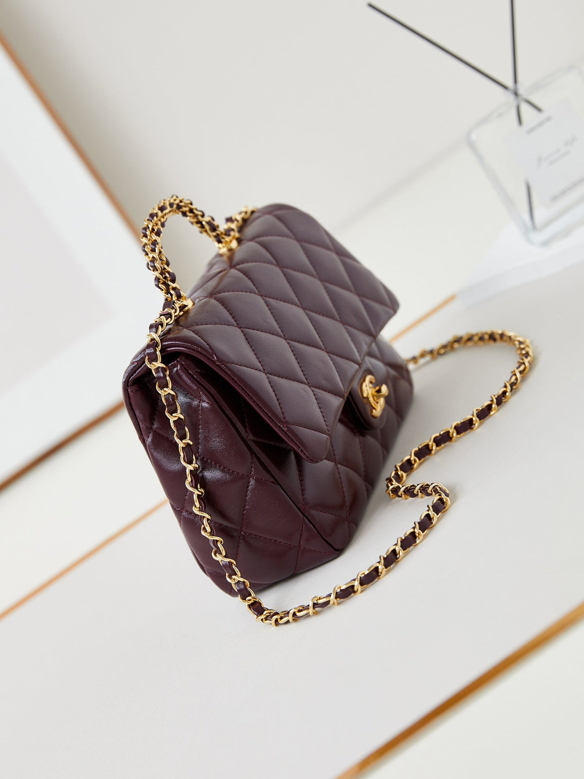 Chanel Flap Bag with Top Handle 25 in Wine Red Oil-Wax Lambskin Gold Hardware