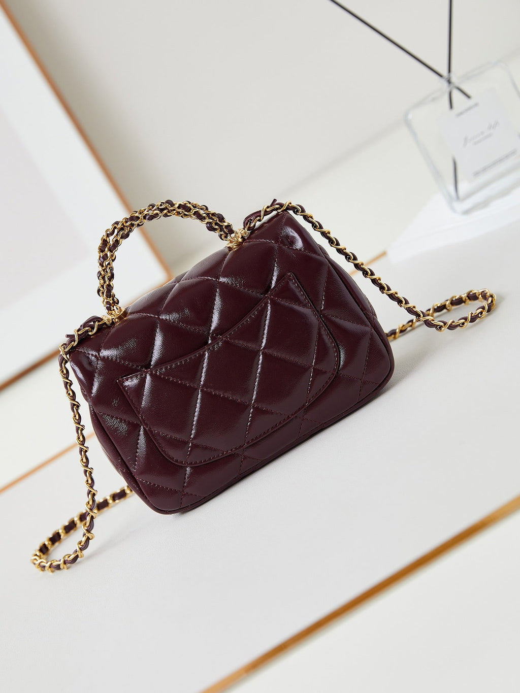 Chanel Flap Bag with Top Handle 18 in Wine Red Oil-Wax Lambskin Gold Hardware
