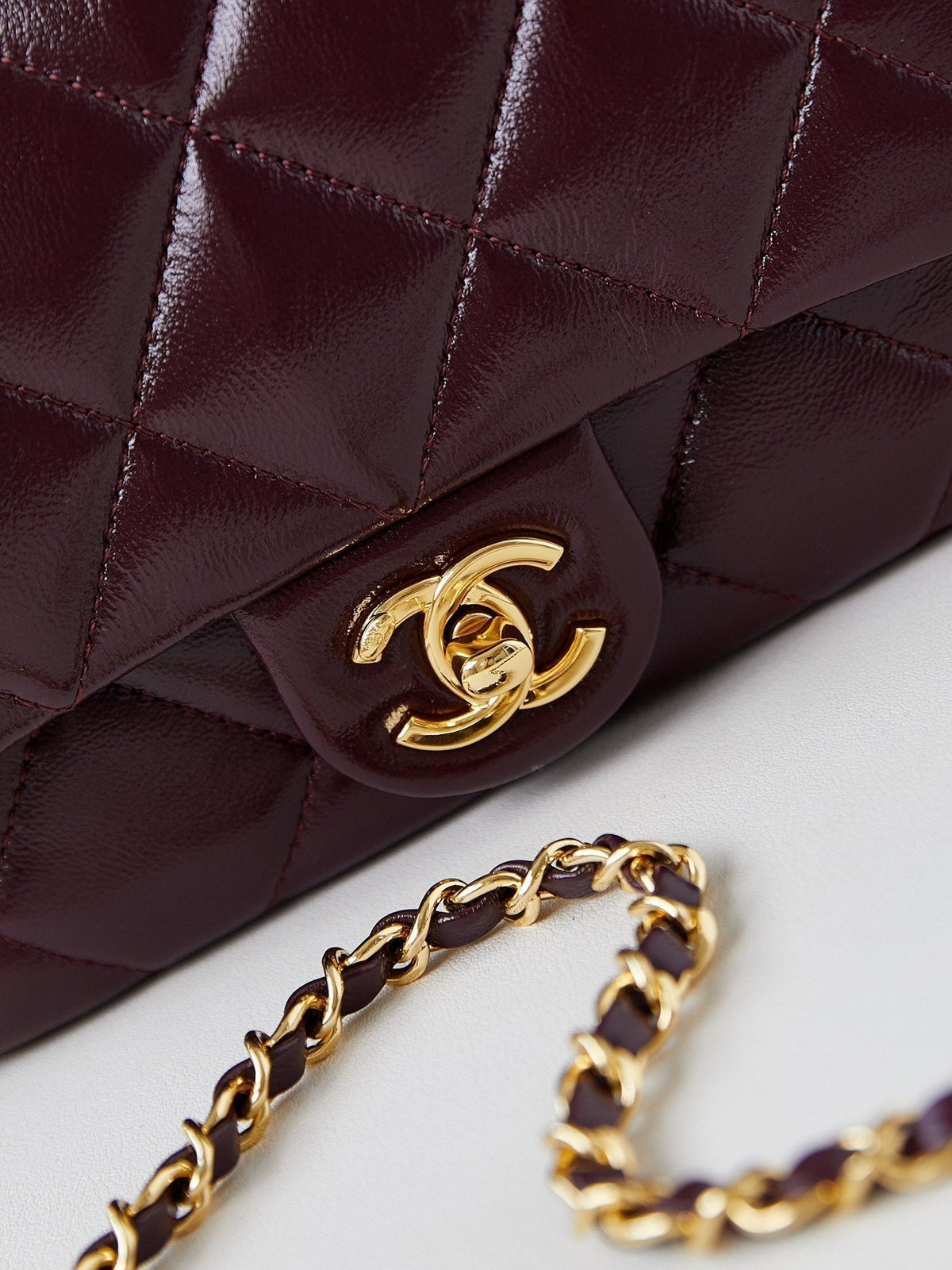 Chanel Flap Bag with Top Handle 18 in Wine Red Oil-Wax Lambskin Gold Hardware