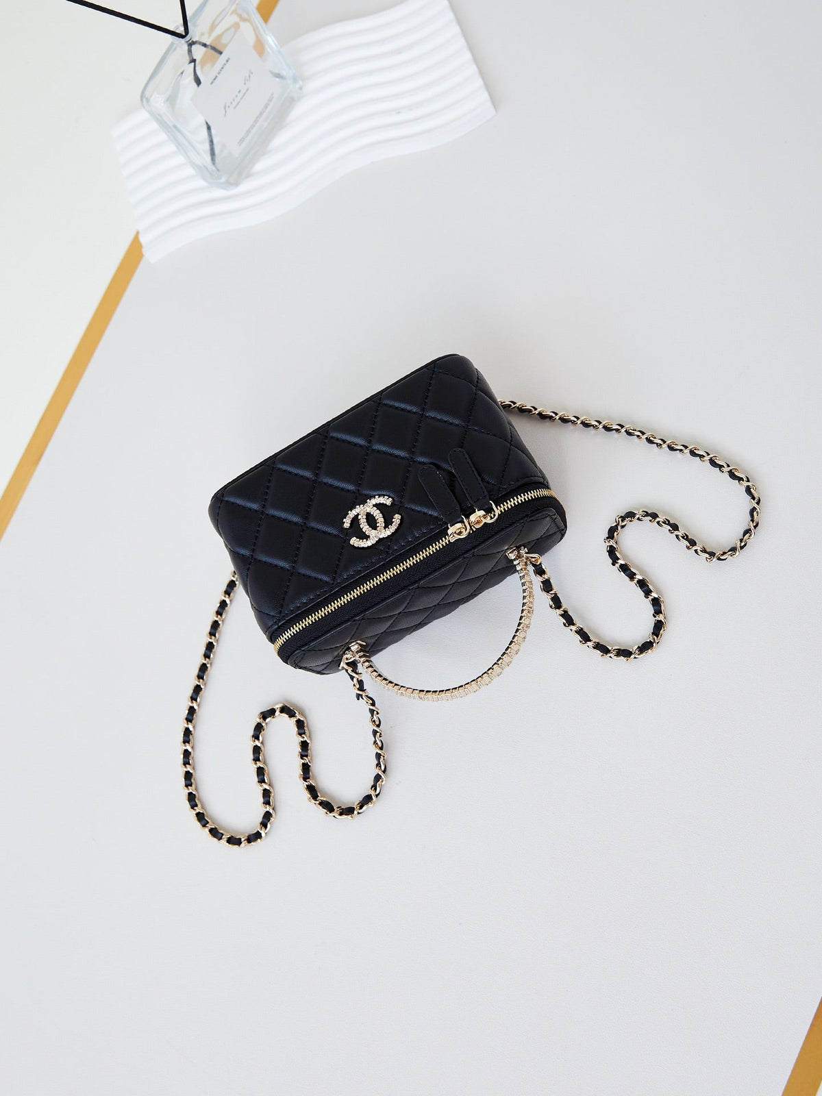 Chanel 25S Mini Vanity Bag 16 cm in Black Lambskin with Crystal-Embellished Logo
