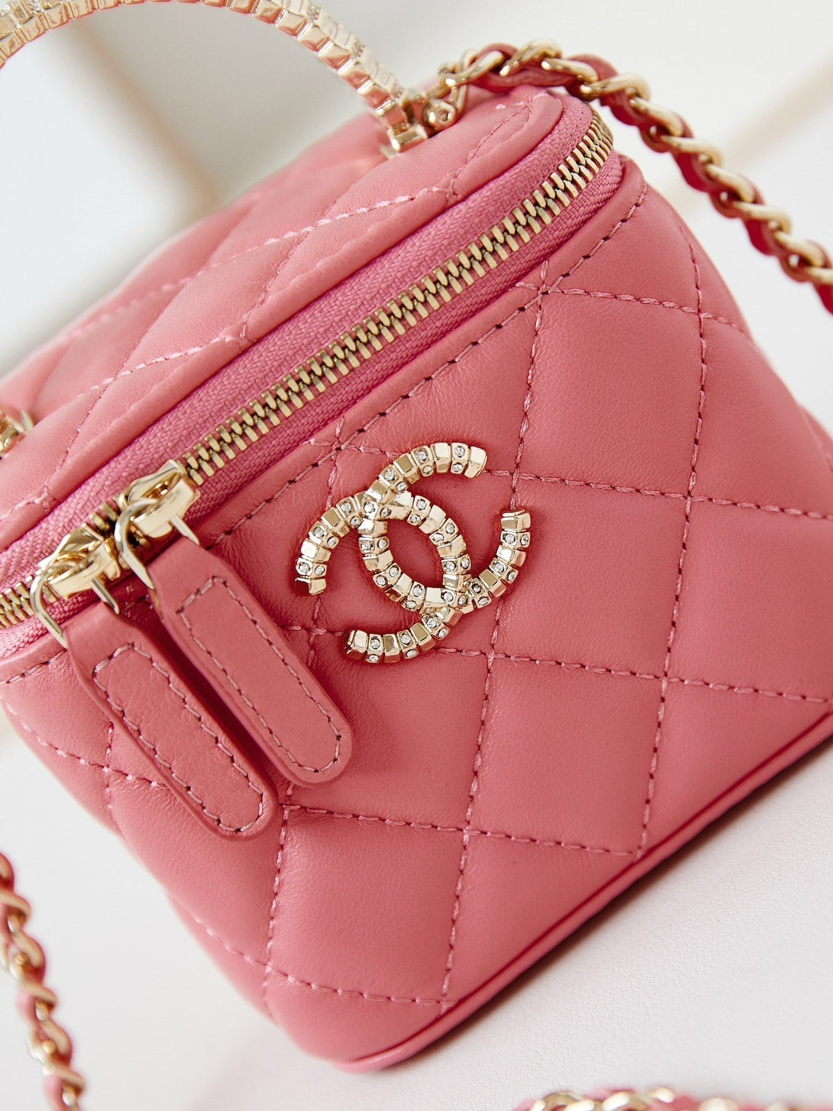 Chanel 25S Mini Vanity Bag 11 cm in Peach Pink Lambskin with Crystal-Embellished Logo