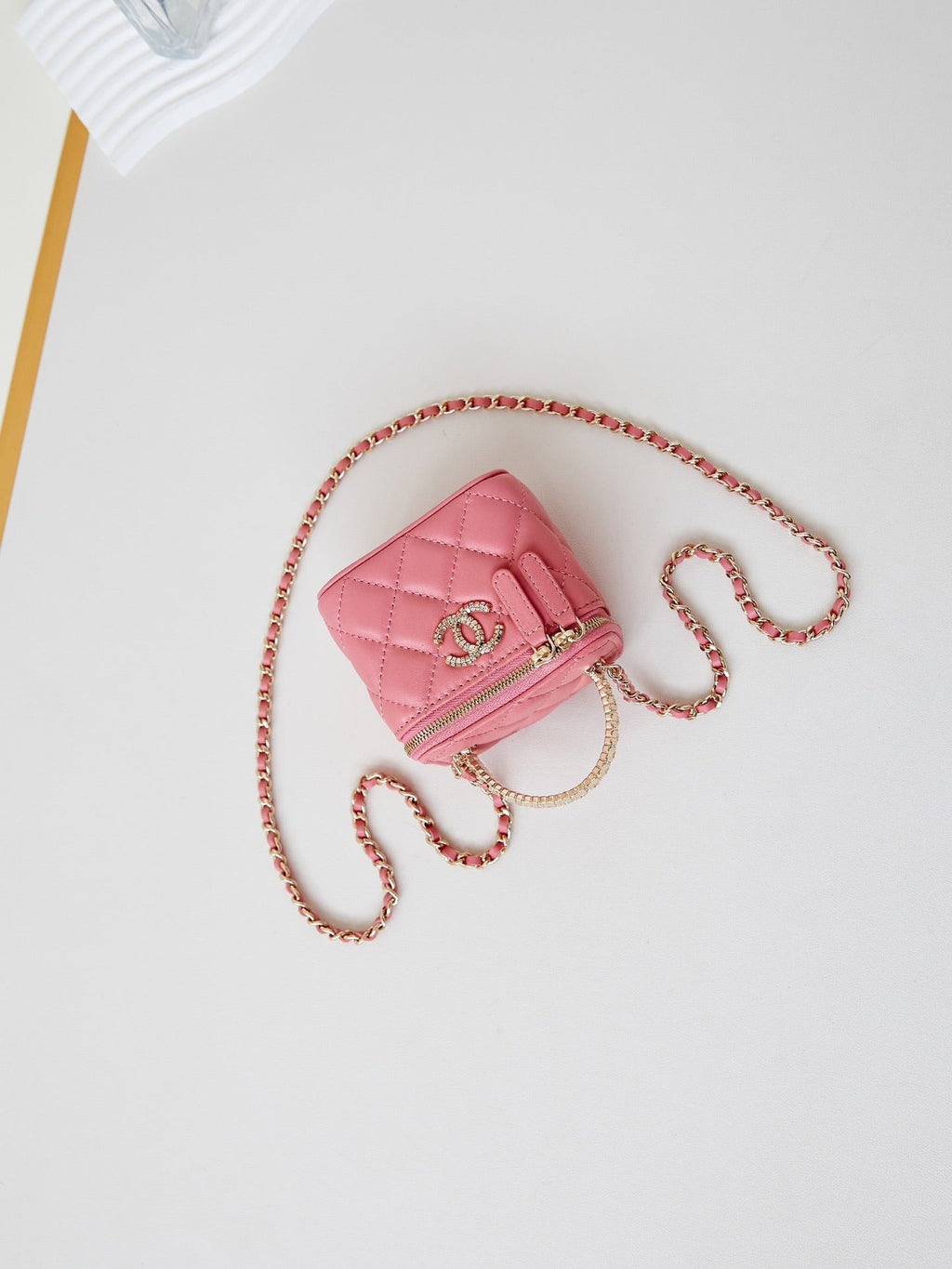 Chanel 25S Mini Vanity Bag 11 cm in Peach Pink Lambskin with Crystal-Embellished Logo