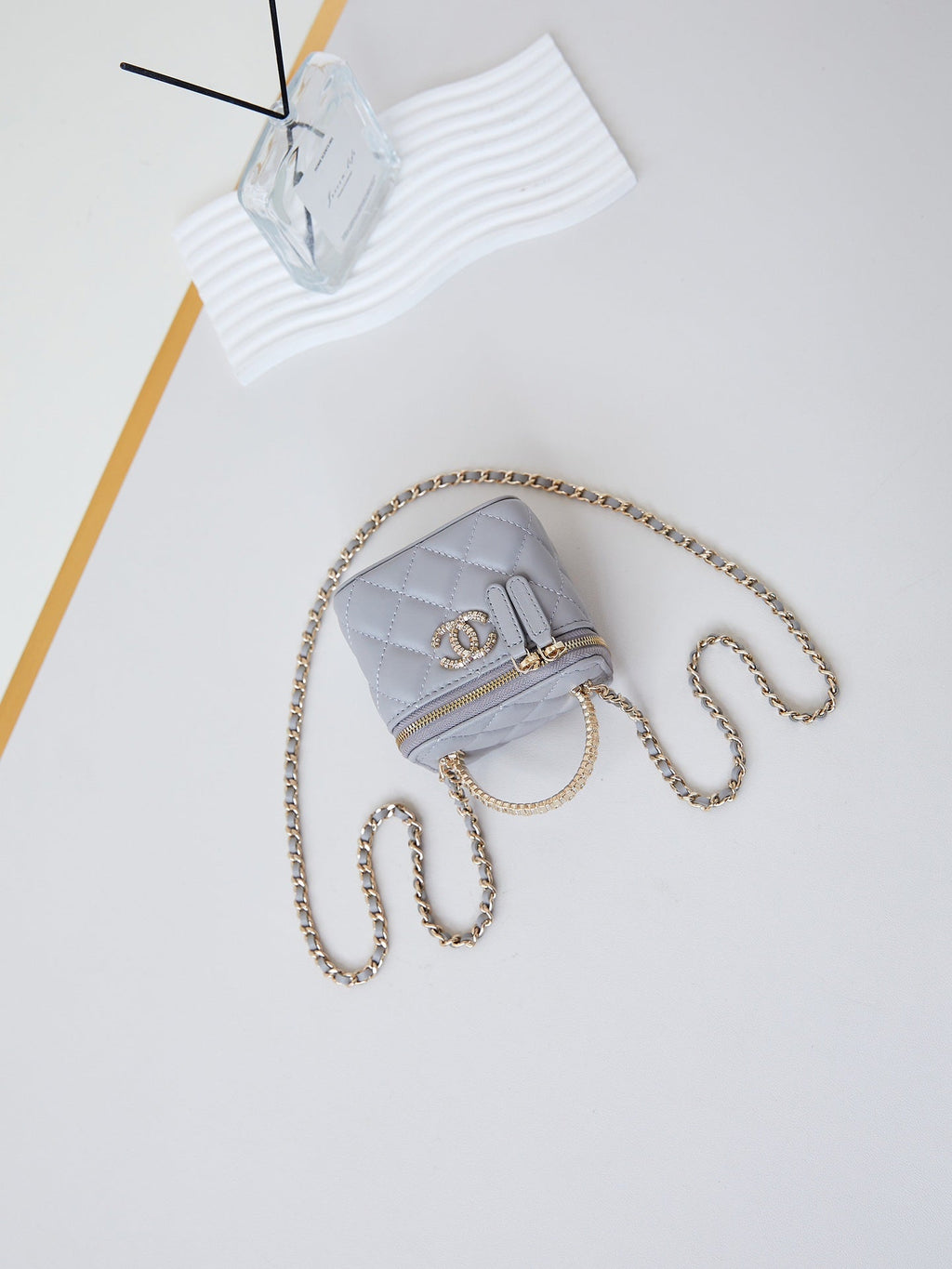 Chanel 25S Mini Vanity Bag 11 cm in Grey Lambskin with Crystal-Embellished Logo