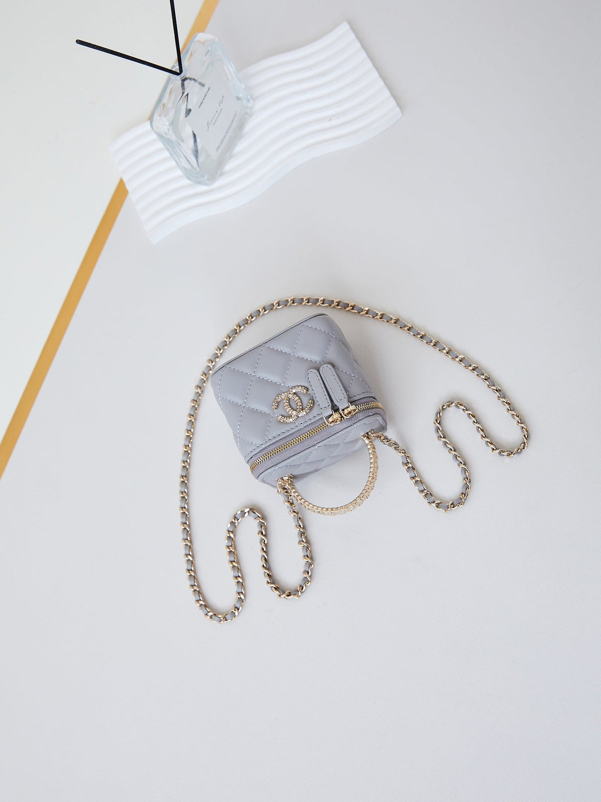 Chanel 25S Mini Vanity Bag 11 cm in Grey Lambskin with Crystal-Embellished Logo