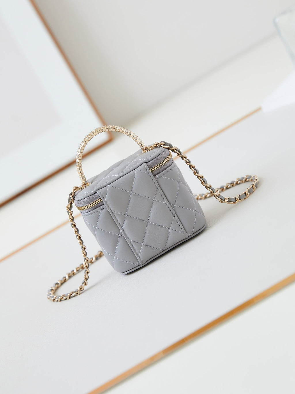 Chanel 25S Mini Vanity Bag 11 cm in Grey Lambskin with Crystal-Embellished Logo