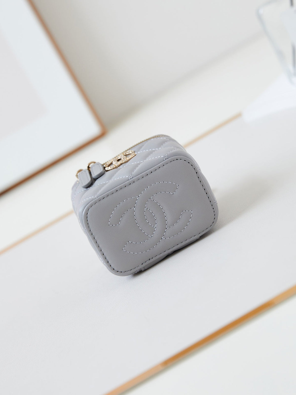 Chanel 25S Mini Vanity Bag 11 cm in Grey Lambskin with Crystal-Embellished Logo
