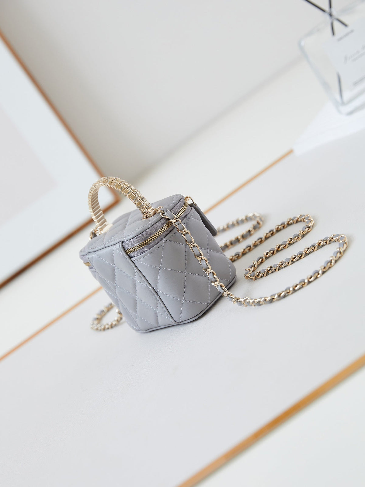 Chanel 25S Mini Vanity Bag 11 cm in Grey Lambskin with Crystal-Embellished Logo