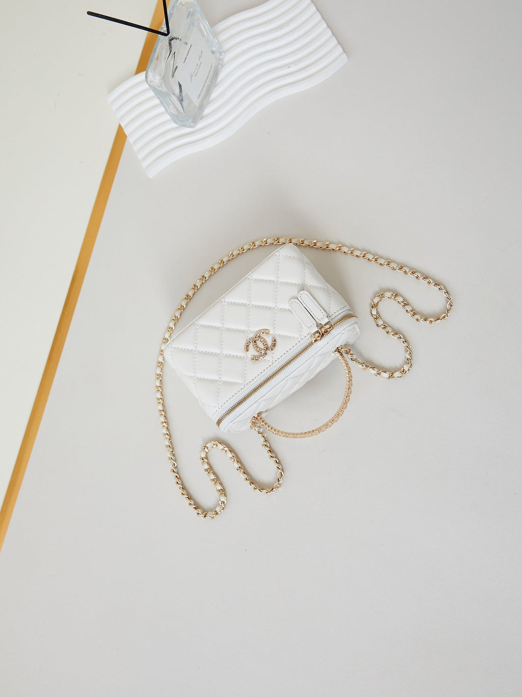 Chanel 25S Mini Vanity Bag 16 cm in White Lambskin with Crystal-Embellished Logo