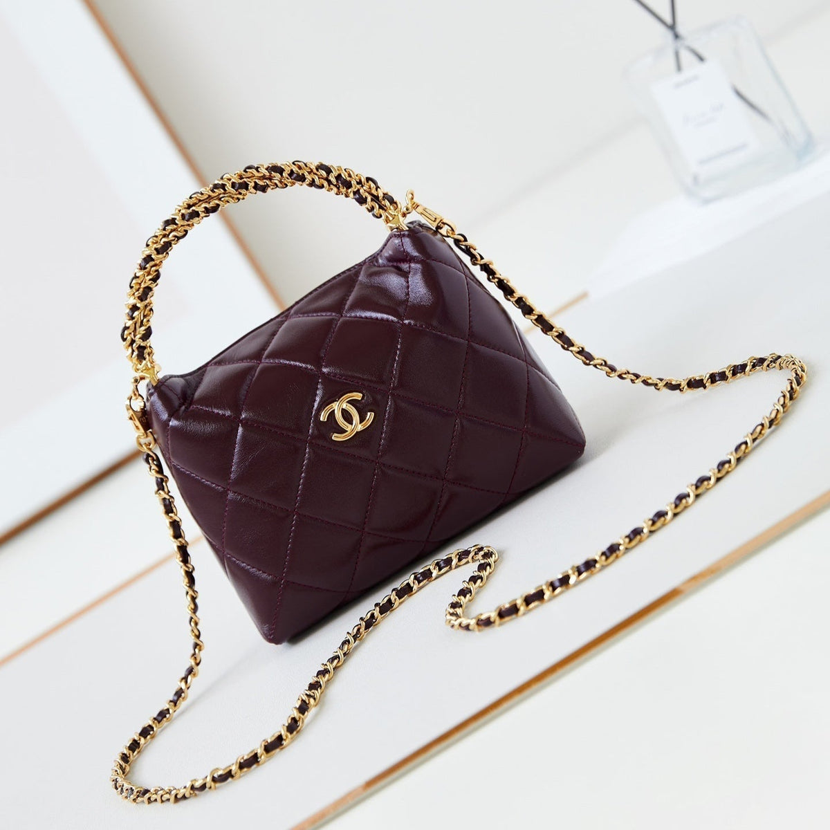 Chanel Hobo Bag 18 in Wine Red Soft Lambskin Gold Chain