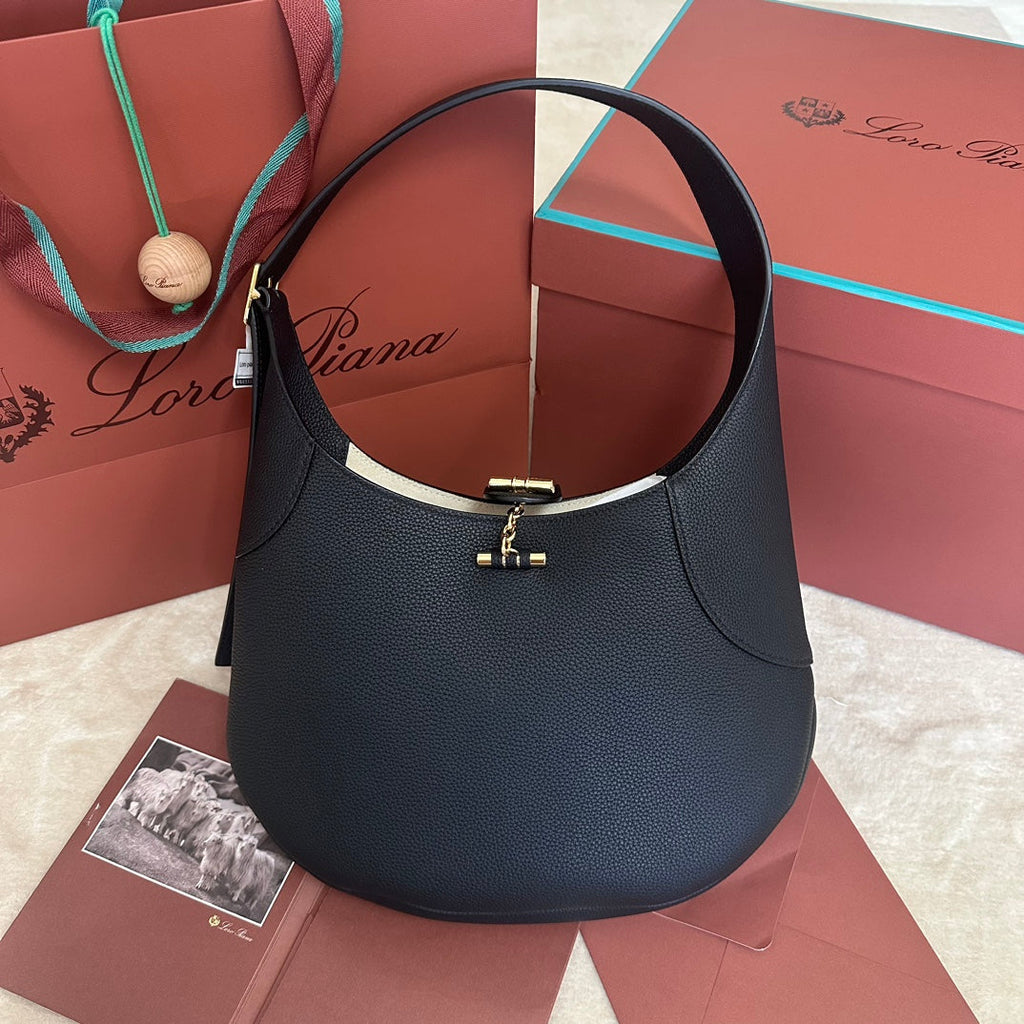 Loro Piana Bobbin Shoulder Bag 32 in Black Calfskin with Gold Hardware