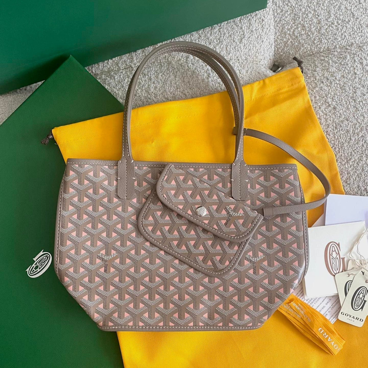 Goyard Anjou Mini Bag 20 in Grey Mix Pink Goyardine Canvas and Calfskin