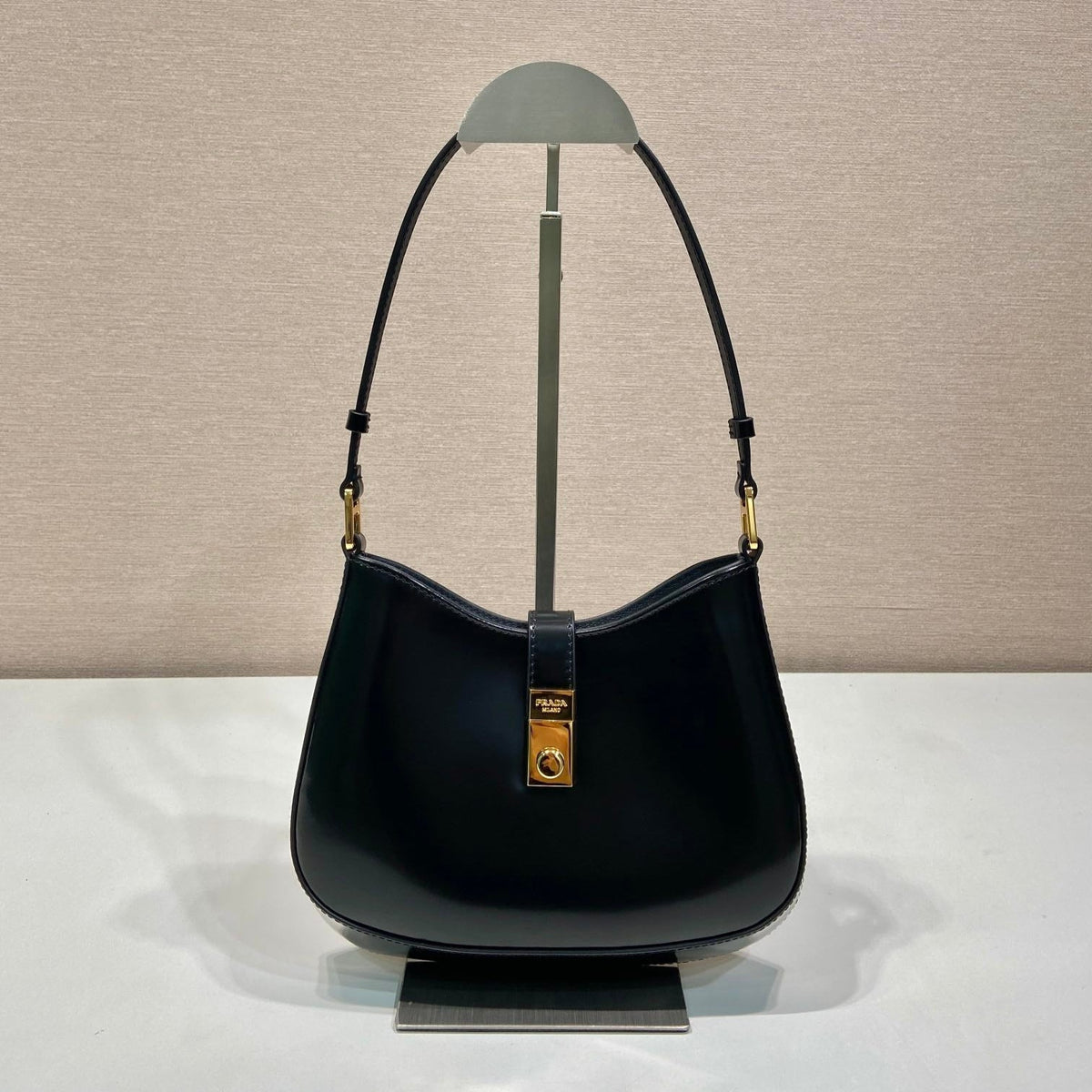 Prada Cleo Shoulder Bag 22 in Black Brushed Lambskin with Clasp Closure