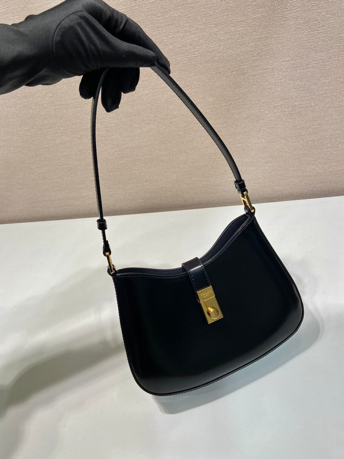 Prada Cleo Shoulder Bag 22 in Black Brushed Lambskin with Clasp Closure
