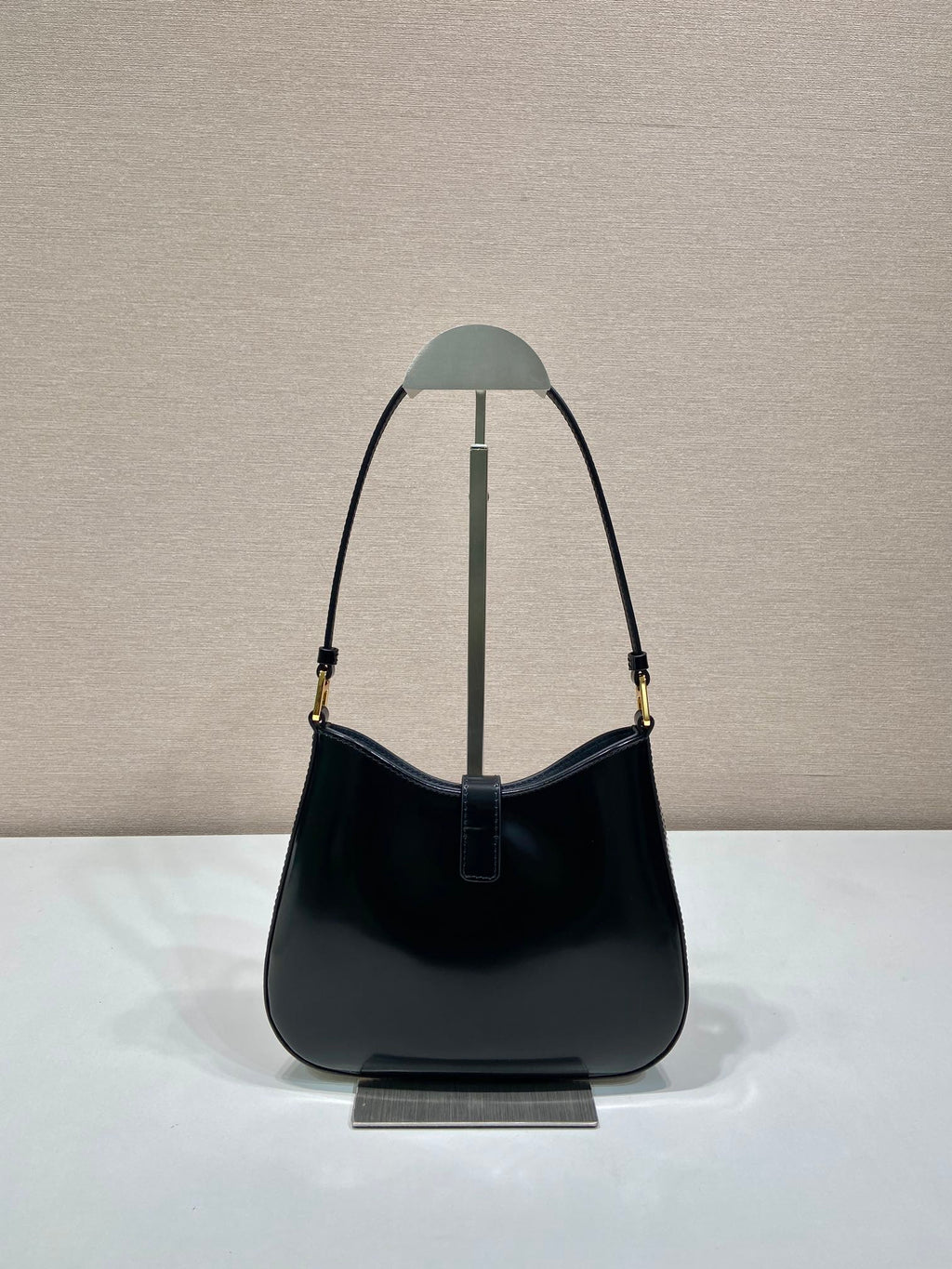 Prada Cleo Shoulder Bag 22 in Black Brushed Lambskin with Clasp Closure