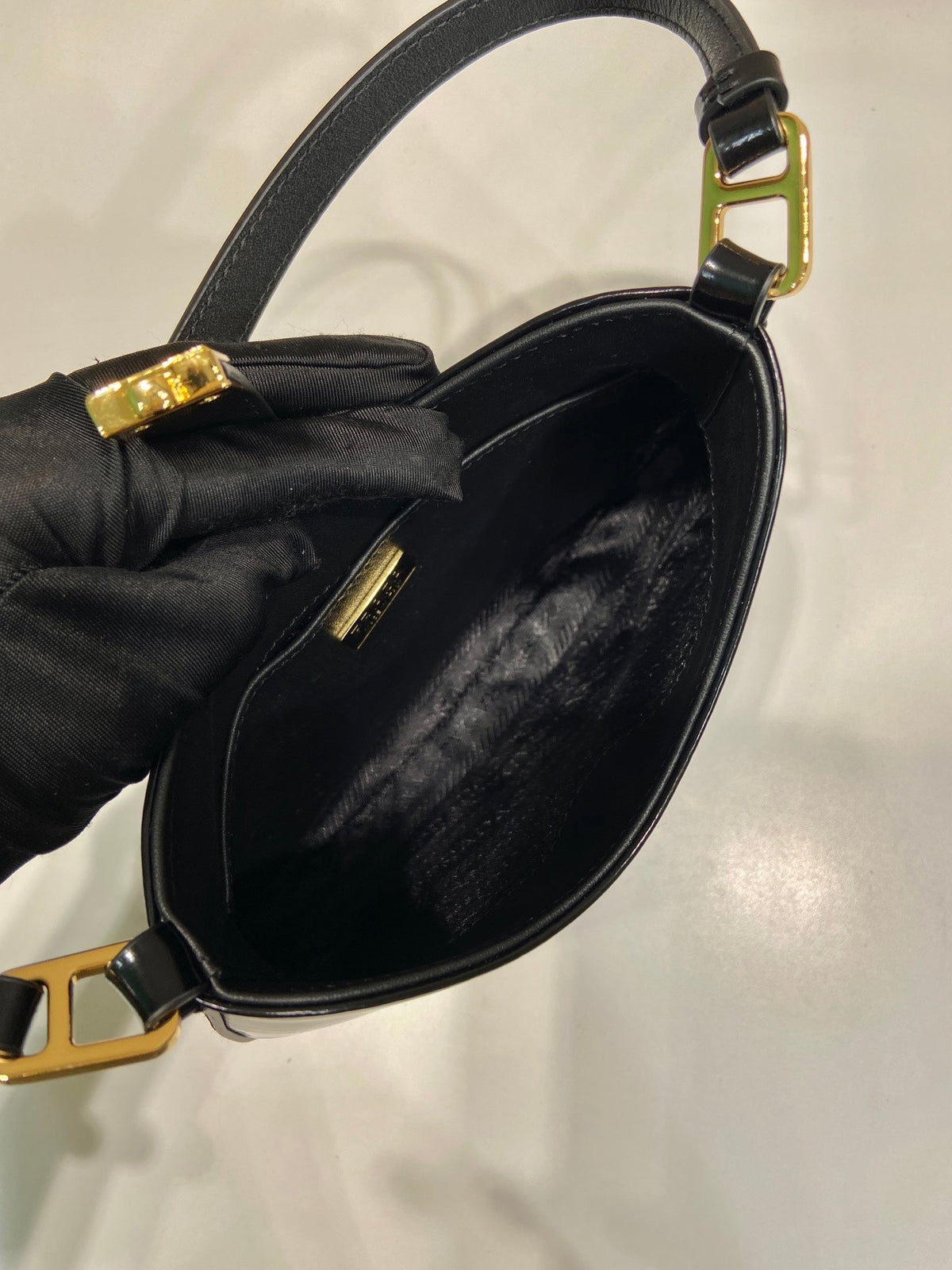 Prada Cleo Shoulder Bag 22 in Black Brushed Lambskin with Clasp Closure