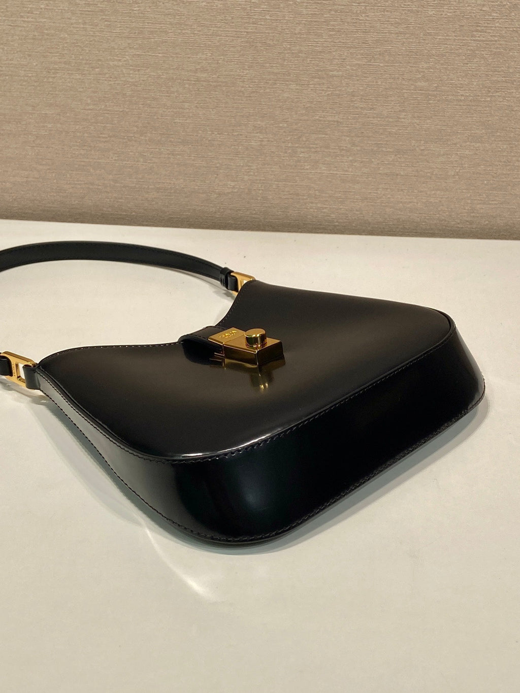 Prada Cleo Shoulder Bag 22 in Black Brushed Lambskin with Clasp Closure