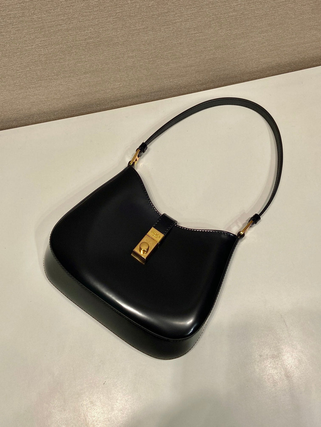 Prada Cleo Shoulder Bag 22 in Black Brushed Lambskin with Clasp Closure