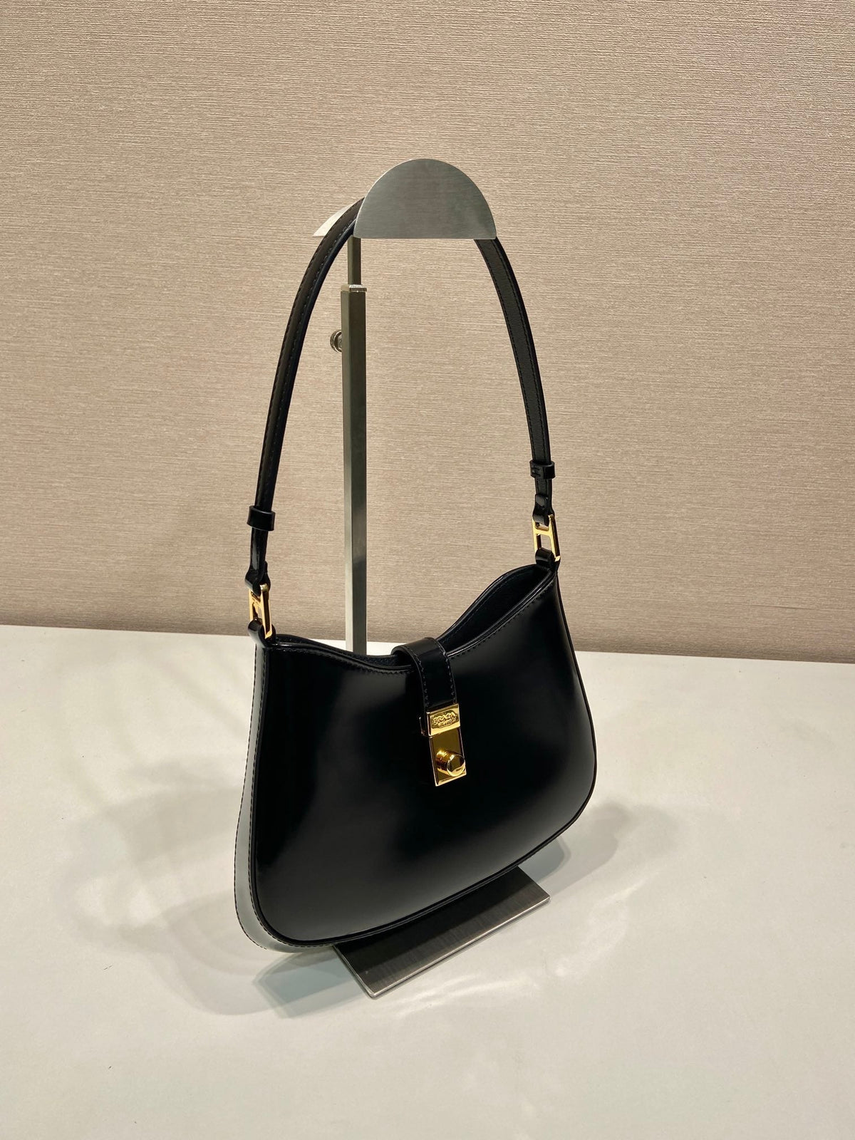 Prada Cleo Shoulder Bag 22 in Black Brushed Lambskin with Clasp Closure