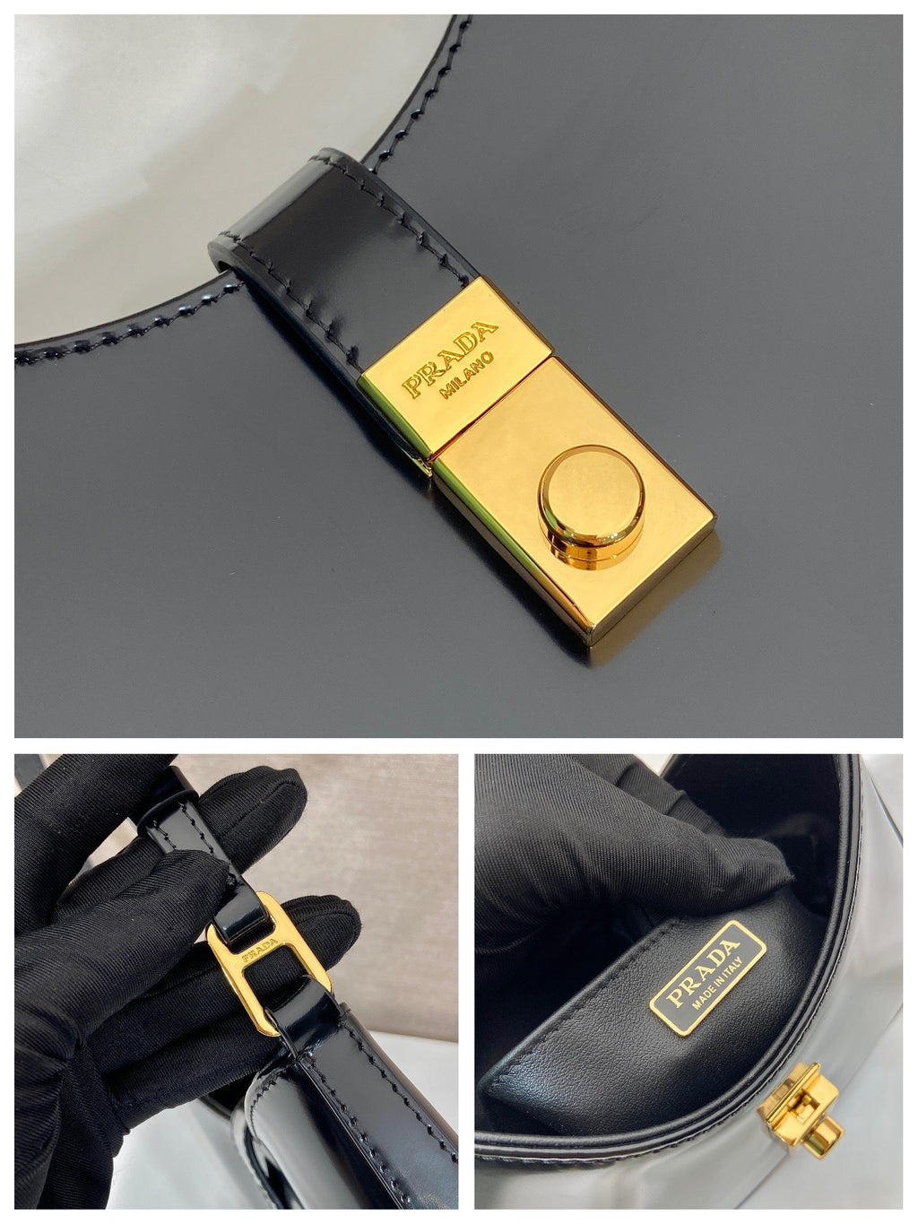 Prada Cleo Shoulder Bag 22 in Black Brushed Lambskin with Clasp Closure