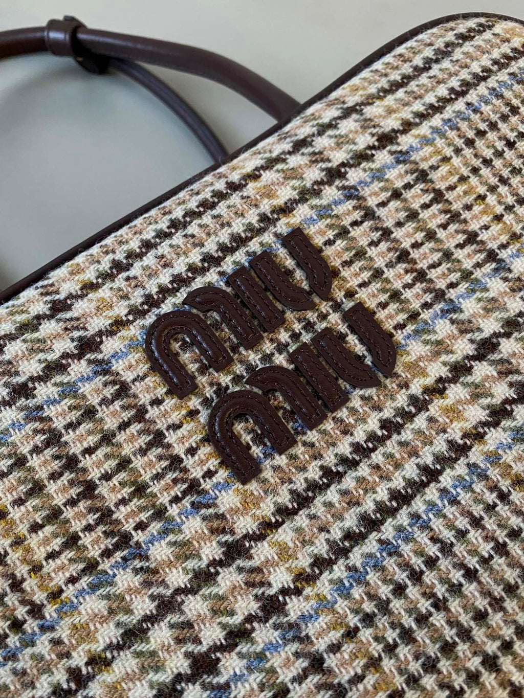Beau Top Handle Bag 34 in Beige Tartan and Cocoa Brown Leather Trim