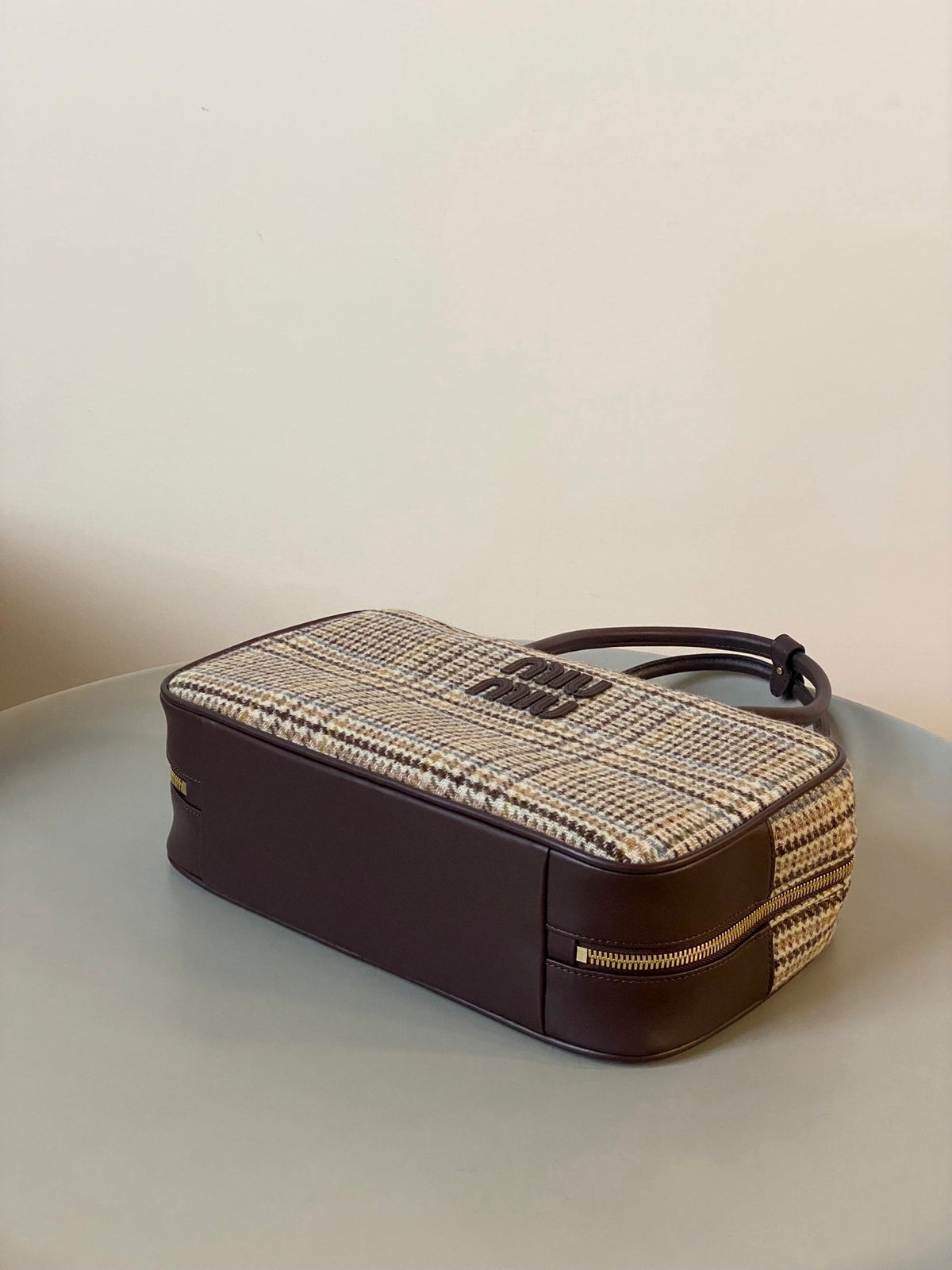 Beau Top Handle Bag 34 in Beige Tartan and Cocoa Brown Leather Trim