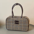 Beau Top Handle Bag 34 in Beige Tartan and Cocoa Brown Leather Trim