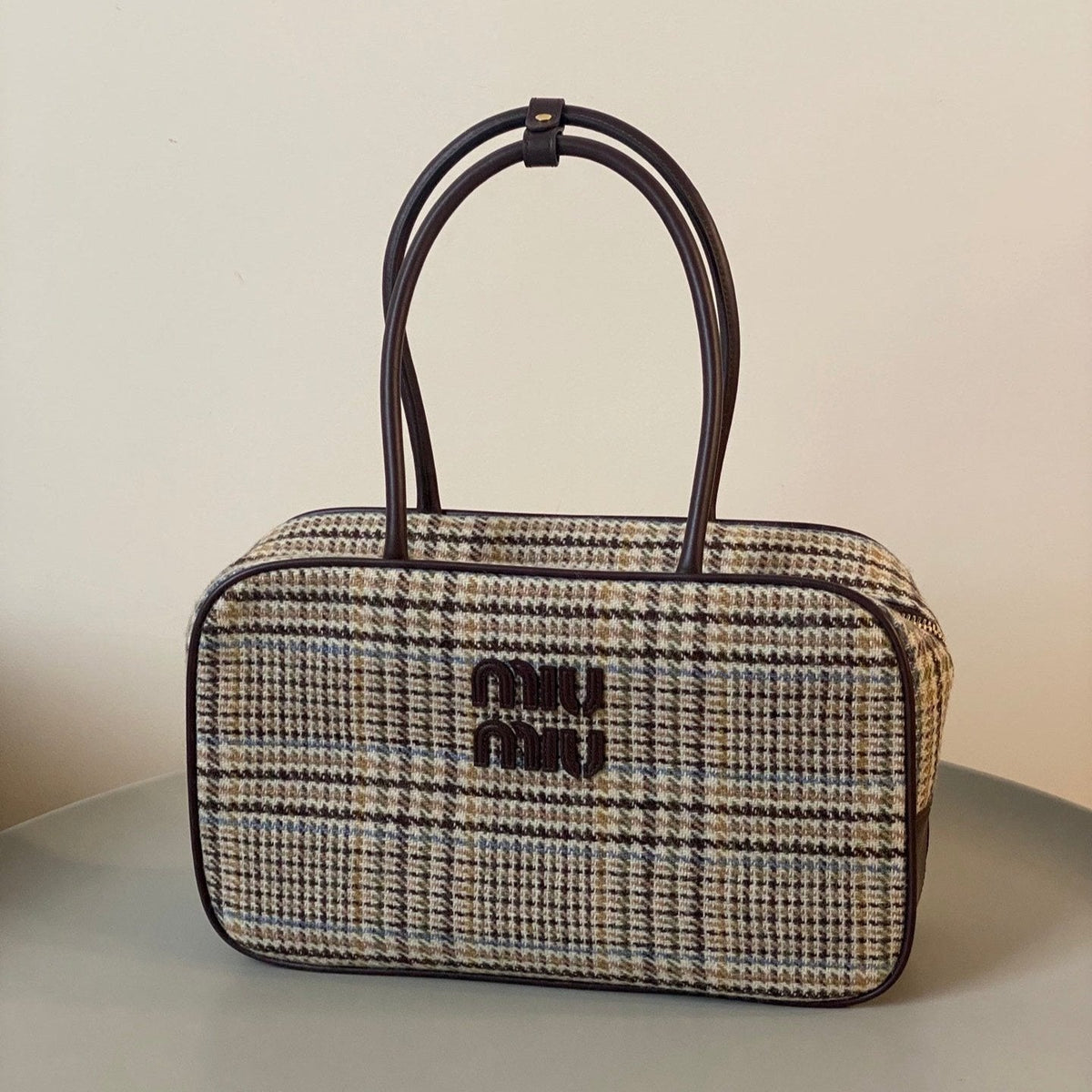 Beau Top Handle Bag 34 in Beige Tartan and Cocoa Brown Leather Trim