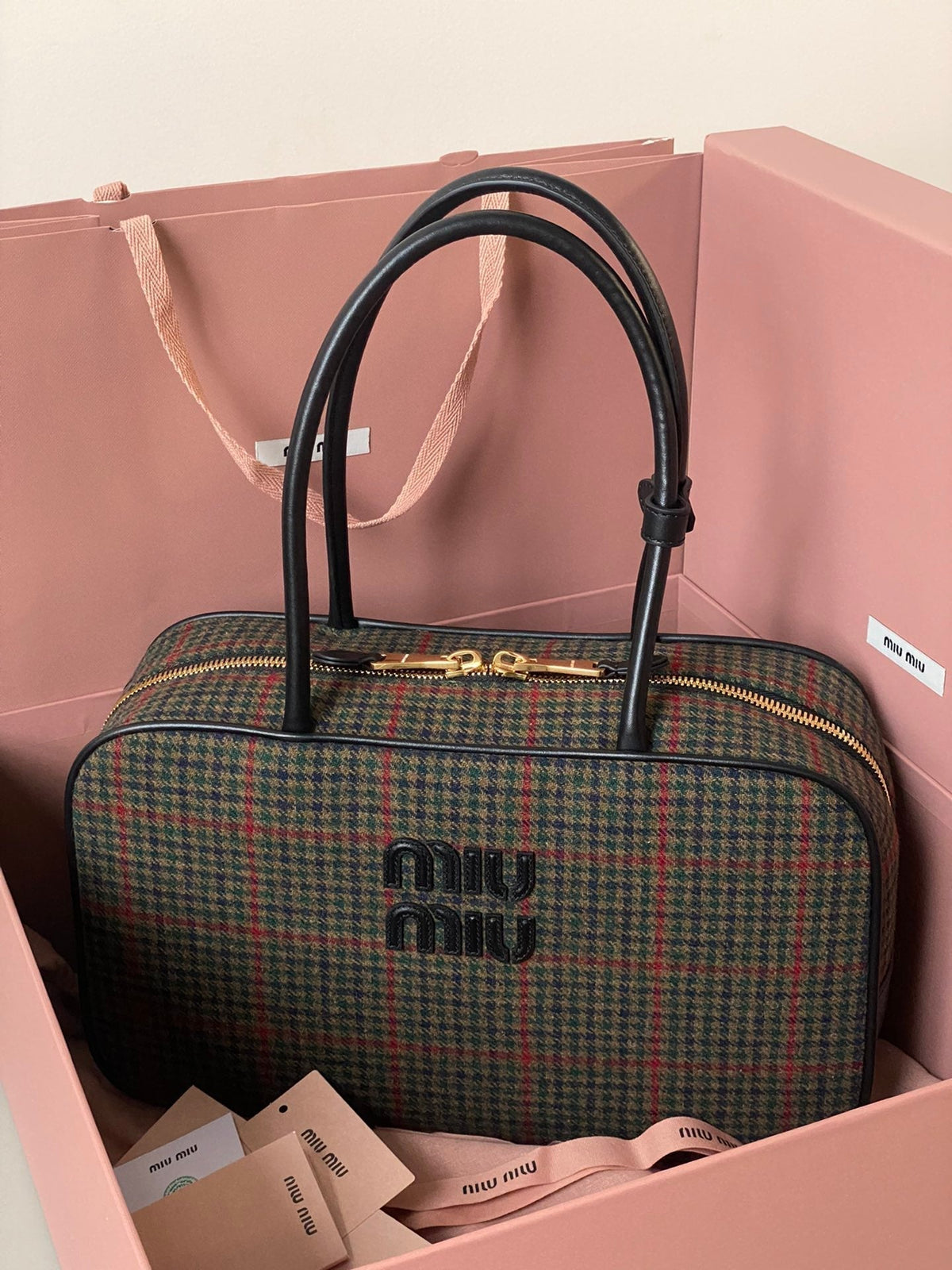 Beau Top Handle Bag 34 in Loden Green Tartan and Black Leather Trim