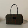 Beau Top Handle Bag 34 in Loden Green Tartan and Black Leather Trim