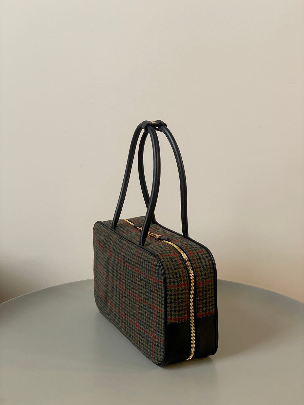 Beau Top Handle Bag 34 in Loden Green Tartan and Black Leather Trim