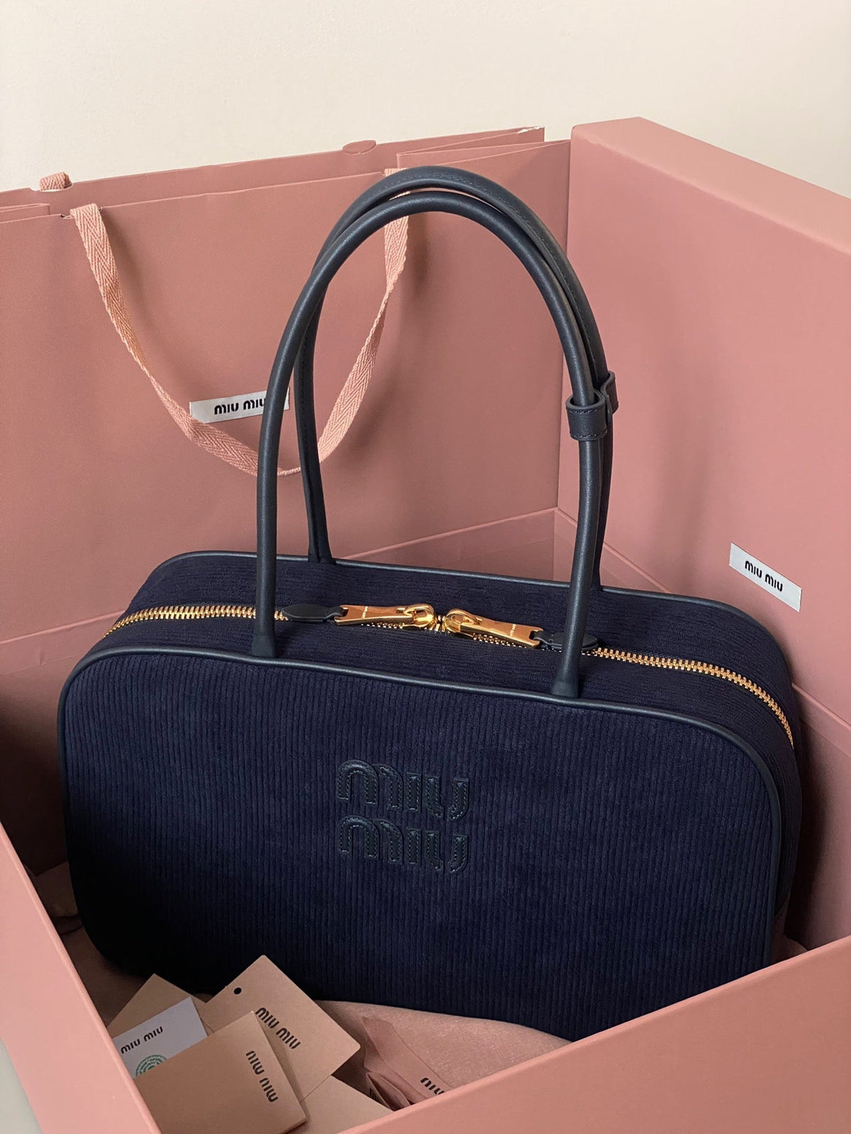 Beau Top Handle Bag 34 in Navy Blue Corduroy