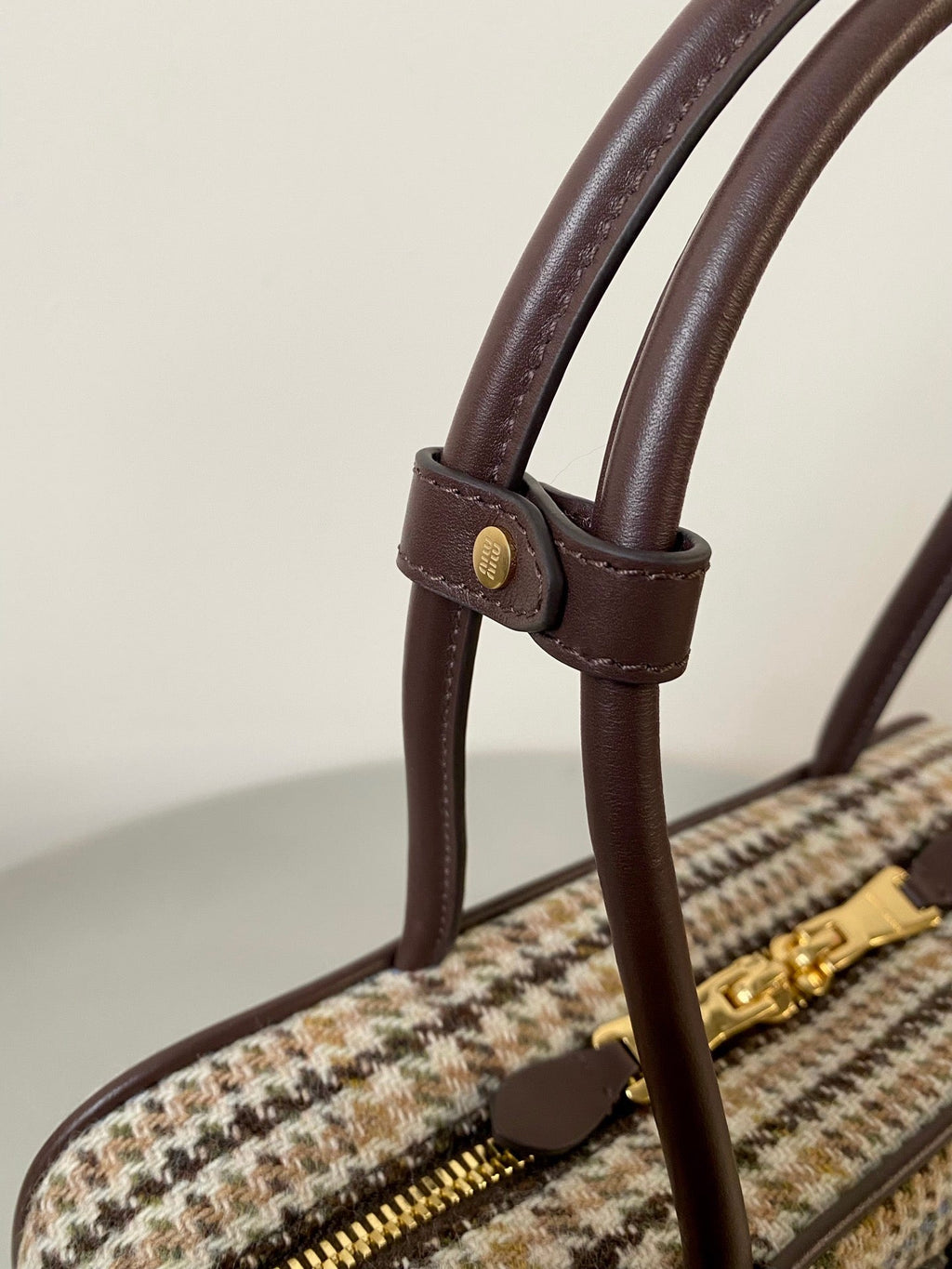 Beau Top Handle Bag 27 in Beige Tartan and Cocoa Brown Leather Trim