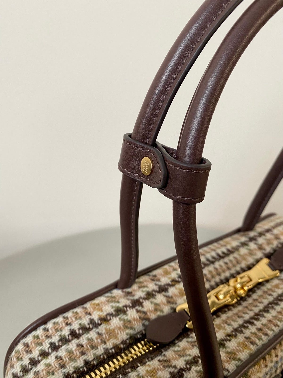 Beau Top Handle Bag 27 in Beige Tartan and Cocoa Brown Leather Trim