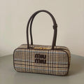 Beau Top Handle Bag 27 in Beige Tartan and Cocoa Brown Leather Trim