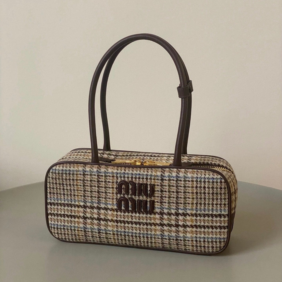 Beau Top Handle Bag 27 in Beige Tartan and Cocoa Brown Leather Trim