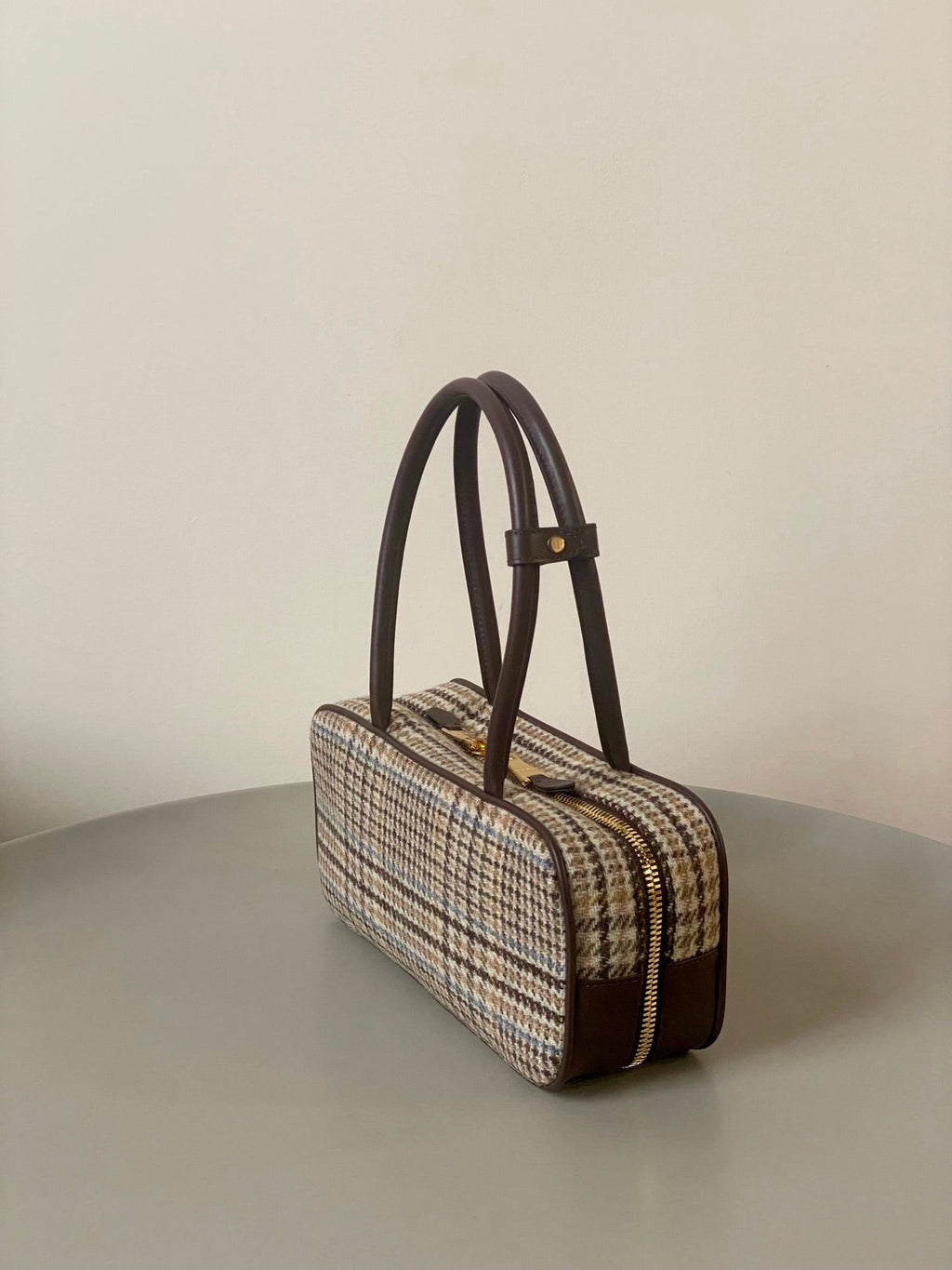 Beau Top Handle Bag 27 in Beige Tartan and Cocoa Brown Leather Trim