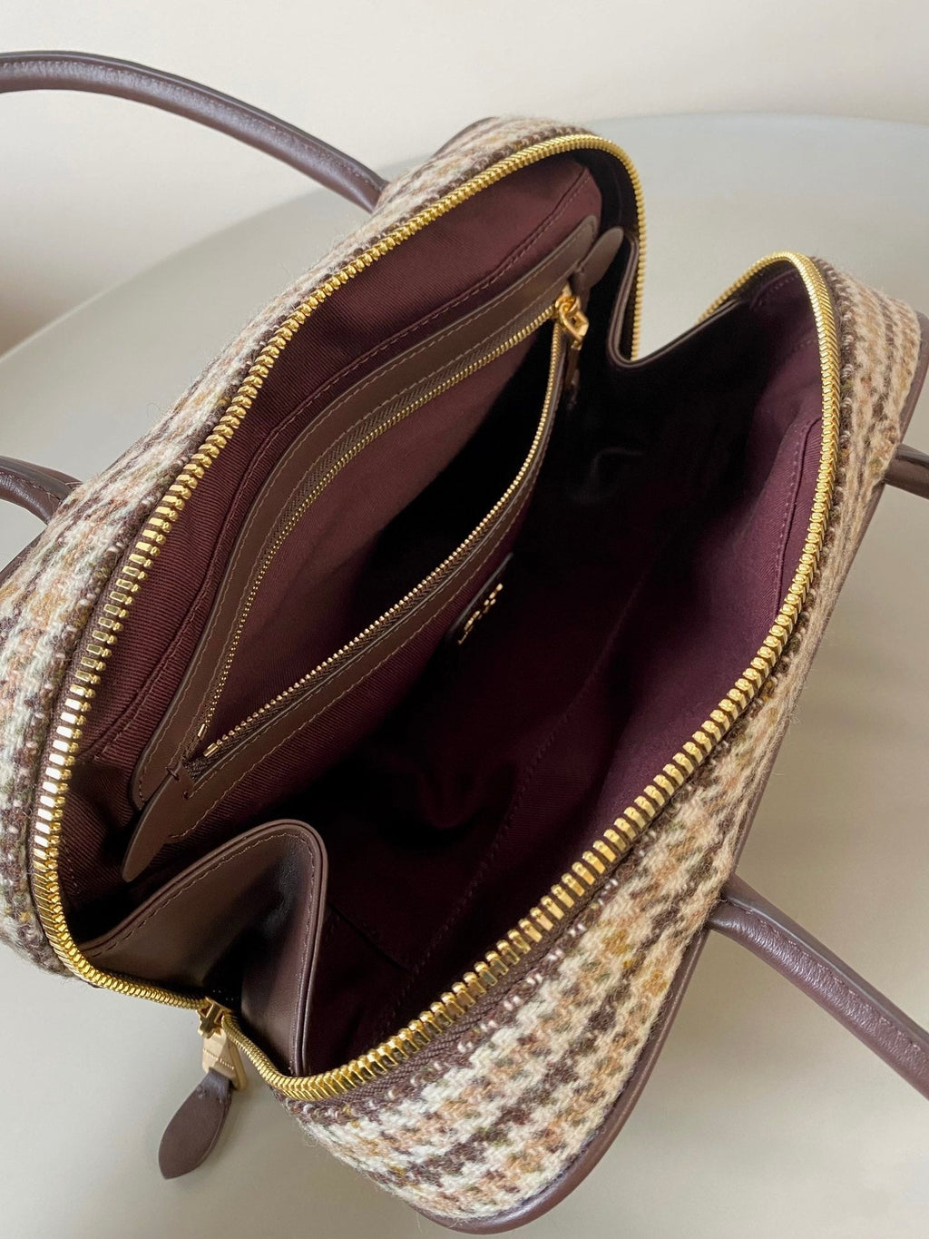 Beau Top Handle Bag 27 in Beige Tartan and Cocoa Brown Leather Trim