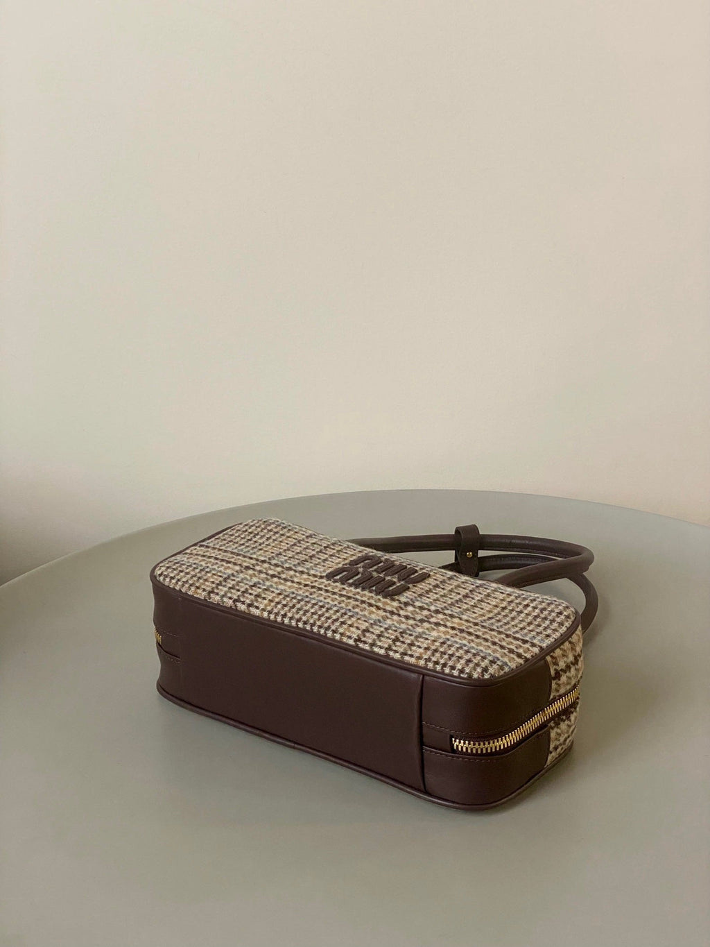 Beau Top Handle Bag 27 in Beige Tartan and Cocoa Brown Leather Trim