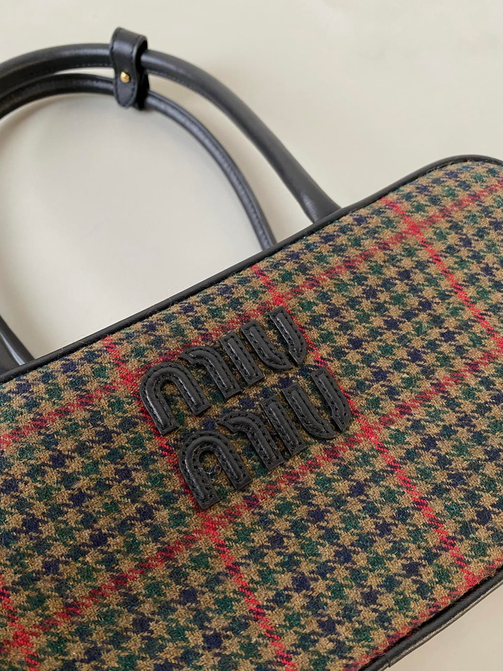 Beau Top Handle Bag 27 in Loden Green Tartan and Black Leather Trim