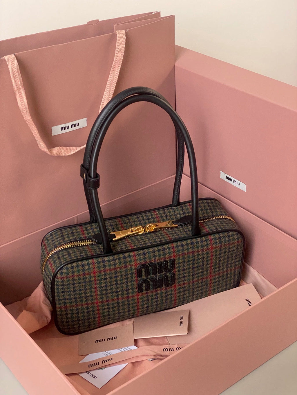 Beau Top Handle Bag 27 in Loden Green Tartan and Black Leather Trim