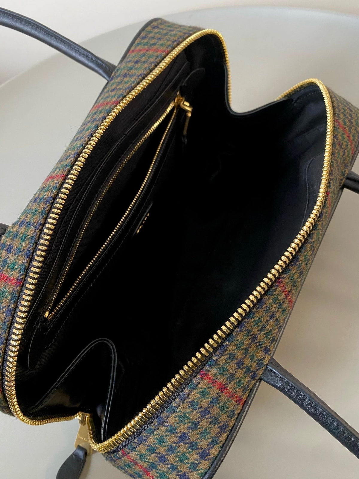 Beau Top Handle Bag 27 in Loden Green Tartan and Black Leather Trim