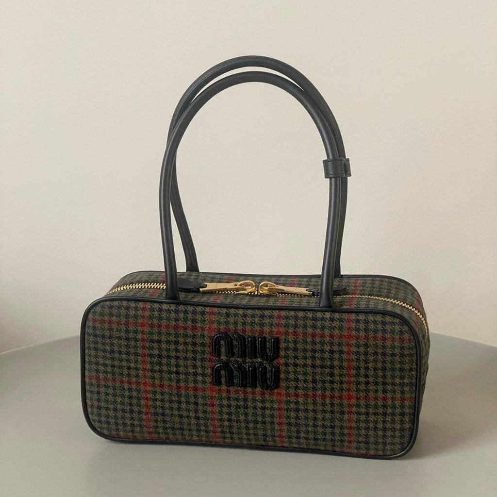 Beau Top Handle Bag 27 in Loden Green Tartan and Black Leather Trim