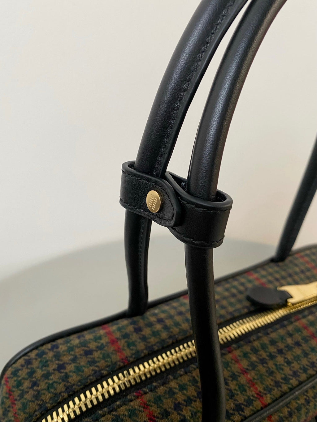 Beau Top Handle Bag 27 in Loden Green Tartan and Black Leather Trim