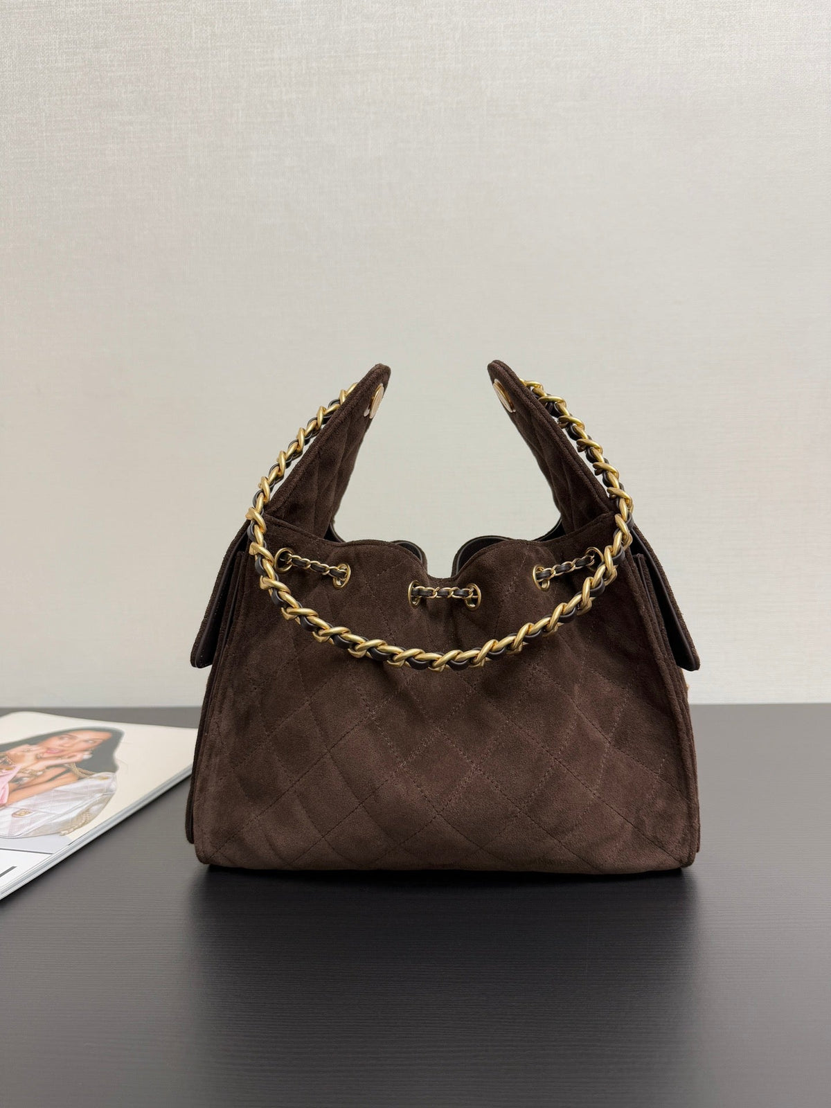 Chanel 25S Hobo Bag 40 cm in Dark Brown Suede with Gold Hardware