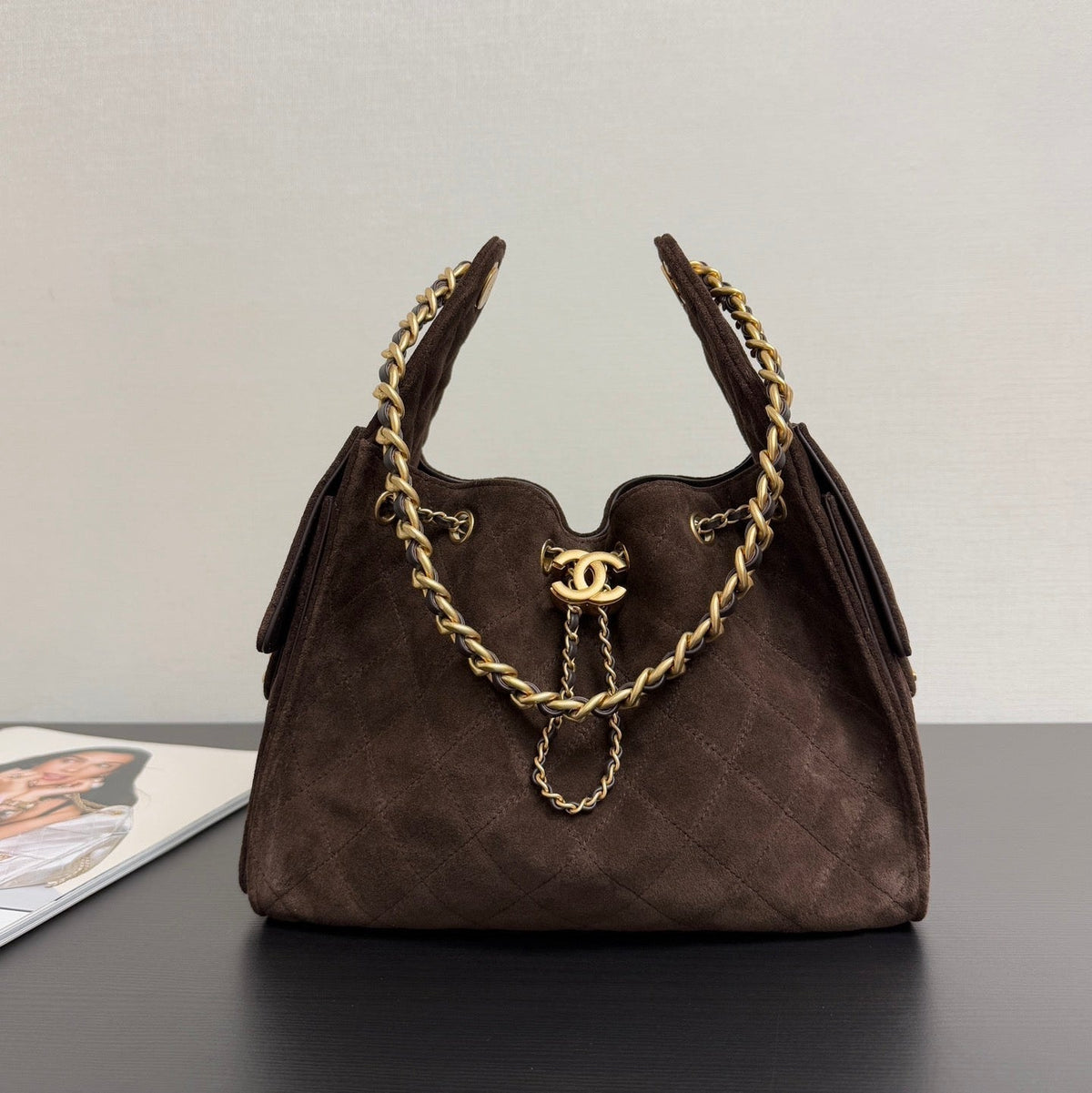 Chanel 25S Hobo Bag 40 cm in Dark Brown Suede with Gold Hardware
