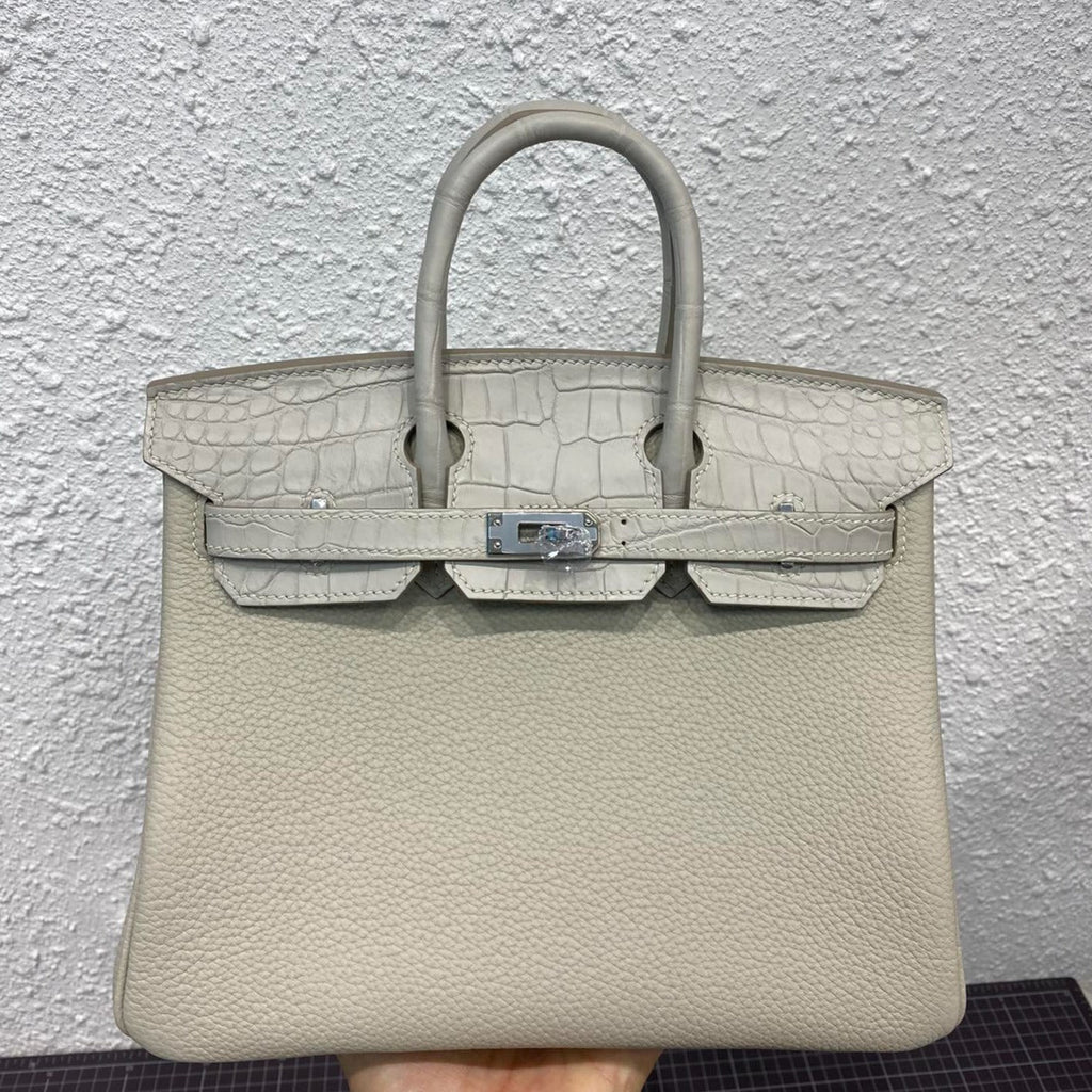 Hermes Birkin 25cm Gris Perle Crocodile and Togo Leather Silver Hardware Bag