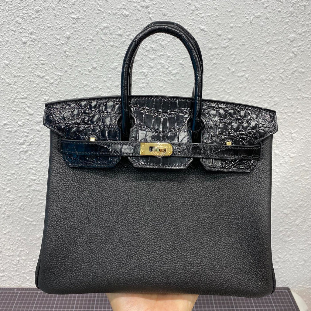 Hermes Birkin 25cm Black Crocodile and Togo Leather Gold Hardware Bag